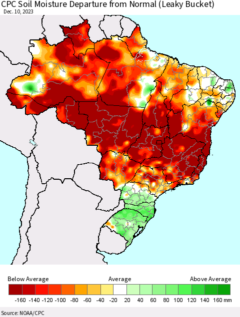Brazil CPC Soil Moisture Departure from Normal (Leaky Bucket) Thematic Map For 12/6/2023 - 12/10/2023