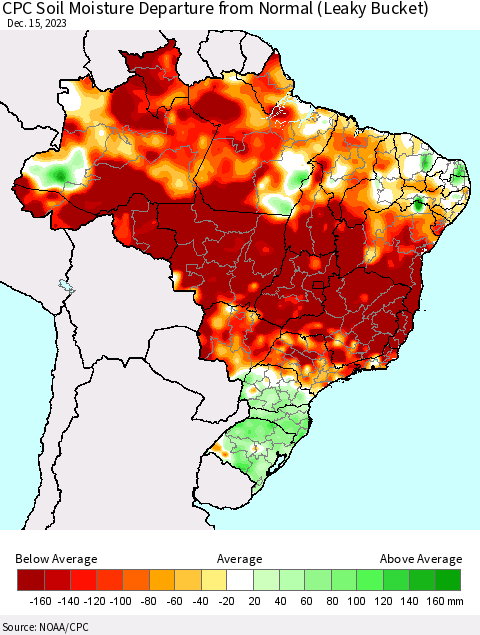 Brazil CPC Soil Moisture Departure from Normal (Leaky Bucket) Thematic Map For 12/11/2023 - 12/15/2023