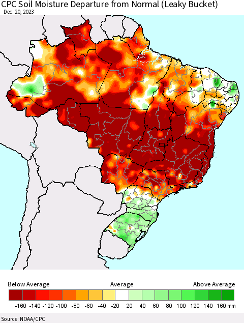 Brazil CPC Soil Moisture Departure from Normal (Leaky Bucket) Thematic Map For 12/16/2023 - 12/20/2023