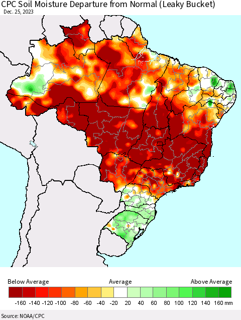 Brazil CPC Soil Moisture Departure from Normal (Leaky Bucket) Thematic Map For 12/21/2023 - 12/25/2023