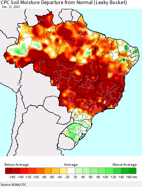 Brazil CPC Soil Moisture Departure from Normal (Leaky Bucket) Thematic Map For 12/26/2023 - 12/31/2023