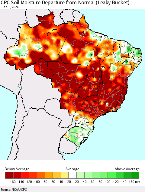 Brazil CPC Soil Moisture Departure from Normal (Leaky Bucket) Thematic Map For 1/1/2024 - 1/5/2024