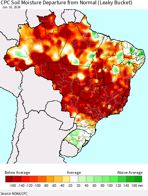 Brazil CPC Soil Moisture Departure from Normal (Leaky Bucket) Thematic Map For 1/6/2024 - 1/10/2024