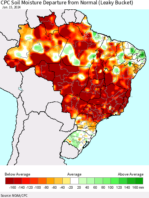 Brazil CPC Soil Moisture Departure from Normal (Leaky Bucket) Thematic Map For 1/11/2024 - 1/15/2024