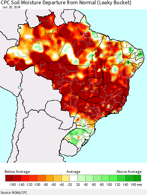 Brazil CPC Soil Moisture Departure from Normal (Leaky Bucket) Thematic Map For 1/16/2024 - 1/20/2024