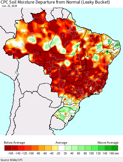 Brazil CPC Soil Moisture Departure from Normal (Leaky Bucket) Thematic Map For 1/21/2024 - 1/25/2024