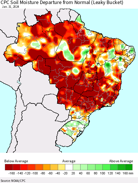 Brazil CPC Soil Moisture Departure from Normal (Leaky Bucket) Thematic Map For 1/26/2024 - 1/31/2024