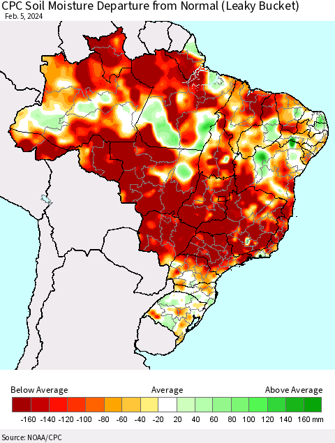 Brazil CPC Soil Moisture Departure from Normal (Leaky Bucket) Thematic Map For 2/1/2024 - 2/5/2024