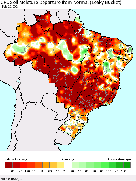 Brazil CPC Soil Moisture Departure from Normal (Leaky Bucket) Thematic Map For 2/6/2024 - 2/10/2024