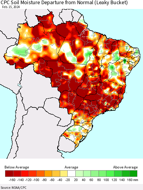Brazil CPC Soil Moisture Departure from Normal (Leaky Bucket) Thematic Map For 2/11/2024 - 2/15/2024