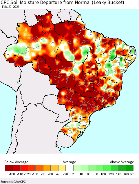 Brazil CPC Soil Moisture Departure from Normal (Leaky Bucket) Thematic Map For 2/16/2024 - 2/20/2024