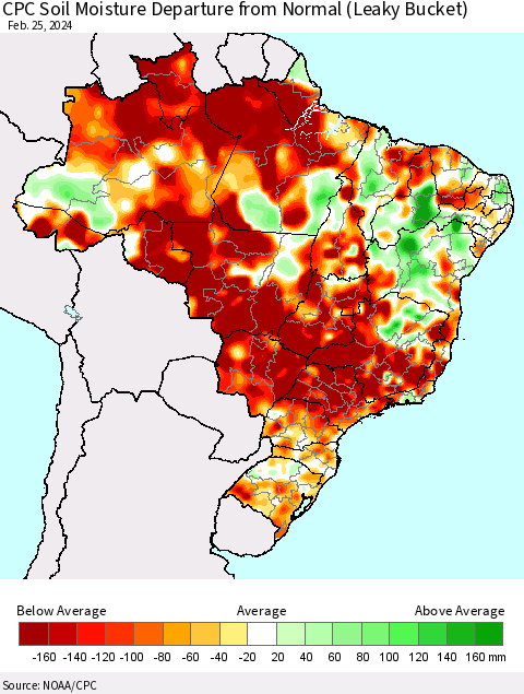 Brazil CPC Soil Moisture Departure from Normal (Leaky Bucket) Thematic Map For 2/21/2024 - 2/25/2024