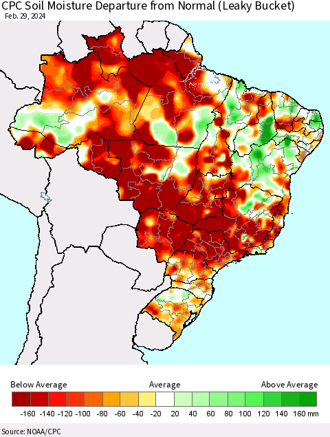 Brazil CPC Soil Moisture Departure from Normal (Leaky Bucket) Thematic Map For 2/26/2024 - 2/29/2024