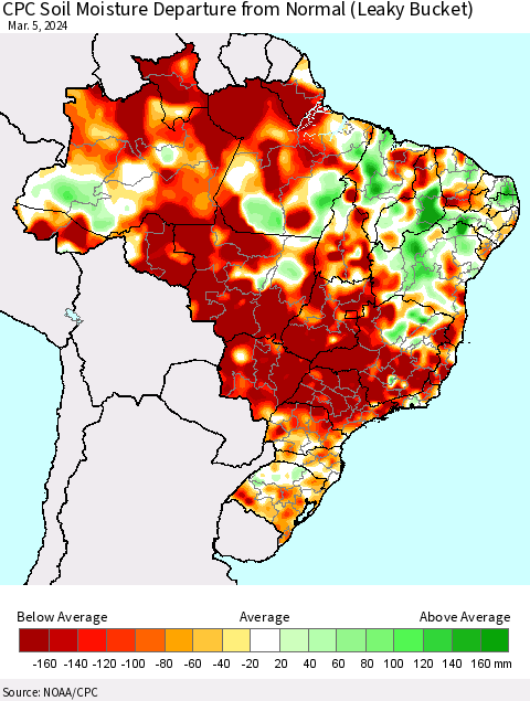 Brazil CPC Soil Moisture Departure from Normal (Leaky Bucket) Thematic Map For 3/1/2024 - 3/5/2024