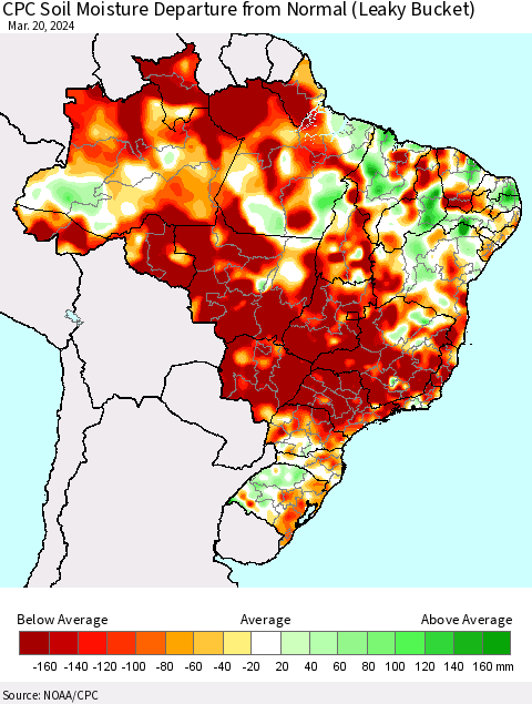 Brazil CPC Soil Moisture Departure from Normal (Leaky Bucket) Thematic Map For 3/16/2024 - 3/20/2024