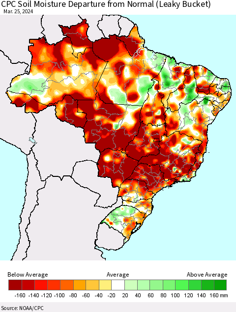 Brazil CPC Soil Moisture Departure from Normal (Leaky Bucket) Thematic Map For 3/21/2024 - 3/25/2024