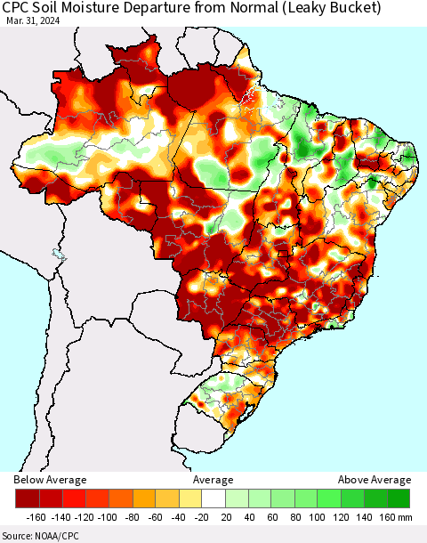 Brazil CPC Soil Moisture Departure from Normal (Leaky Bucket) Thematic Map For 3/26/2024 - 3/31/2024