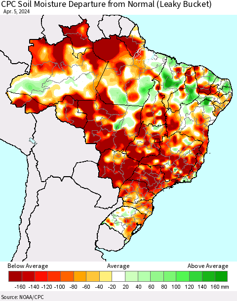 Brazil CPC Soil Moisture Departure from Normal (Leaky Bucket) Thematic Map For 4/1/2024 - 4/5/2024