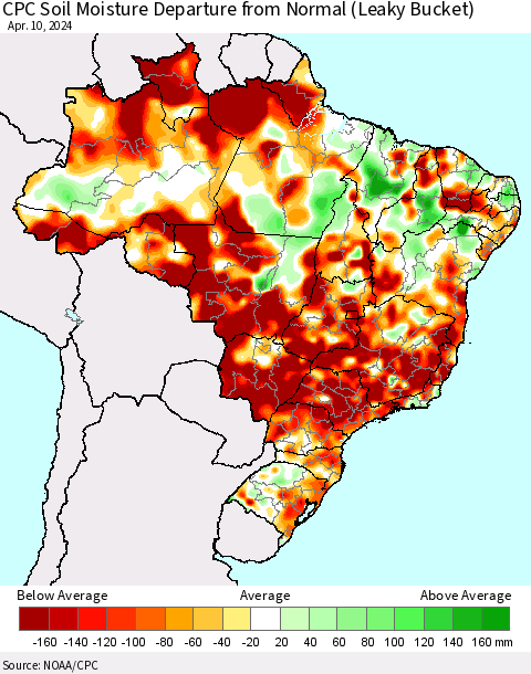 Brazil CPC Soil Moisture Departure from Normal (Leaky Bucket) Thematic Map For 4/6/2024 - 4/10/2024
