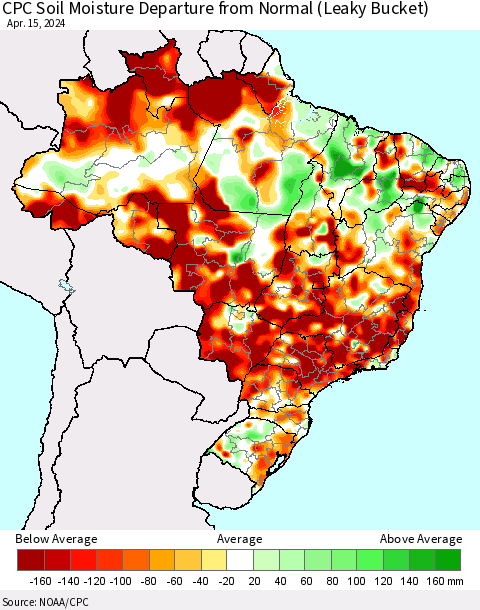 Brazil CPC Soil Moisture Departure from Normal (Leaky Bucket) Thematic Map For 4/11/2024 - 4/15/2024