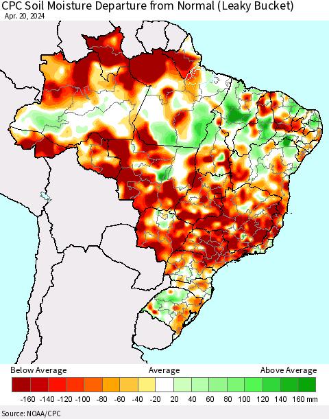 Brazil CPC Soil Moisture Departure from Normal (Leaky Bucket) Thematic Map For 4/16/2024 - 4/20/2024