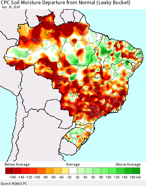 Brazil CPC Soil Moisture Departure from Normal (Leaky Bucket) Thematic Map For 4/26/2024 - 4/30/2024
