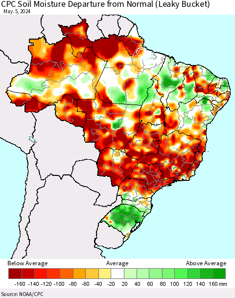 Brazil CPC Soil Moisture Departure from Normal (Leaky Bucket) Thematic Map For 5/1/2024 - 5/5/2024
