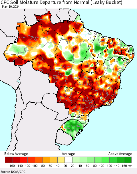 Brazil CPC Soil Moisture Departure from Normal (Leaky Bucket) Thematic Map For 5/6/2024 - 5/10/2024