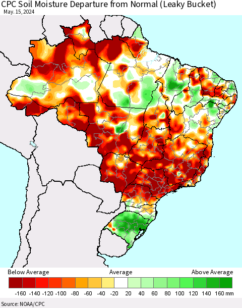 Brazil CPC Soil Moisture Departure from Normal (Leaky Bucket) Thematic Map For 5/11/2024 - 5/15/2024