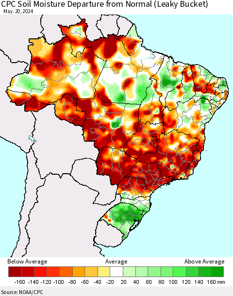 Brazil CPC Soil Moisture Departure from Normal (Leaky Bucket) Thematic Map For 5/16/2024 - 5/20/2024