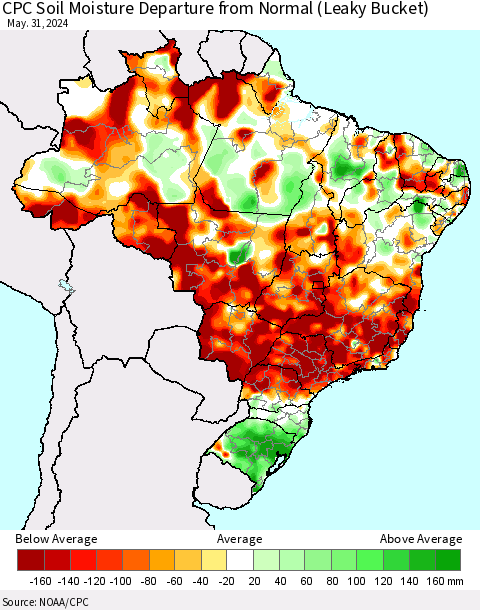 Brazil CPC Soil Moisture Departure from Normal (Leaky Bucket) Thematic Map For 5/26/2024 - 5/31/2024