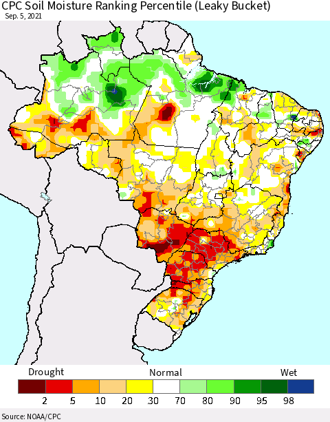 Brazil CPC Soil Moisture Ranking Percentile (Leaky Bucket) Thematic Map For 9/1/2021 - 9/5/2021
