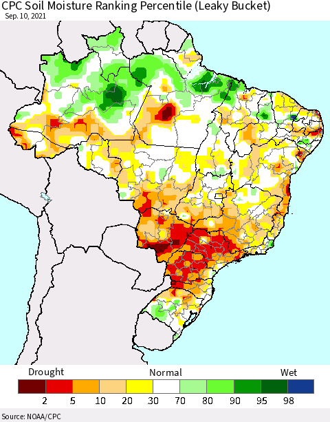 Brazil CPC Soil Moisture Ranking Percentile (Leaky Bucket) Thematic Map For 9/6/2021 - 9/10/2021