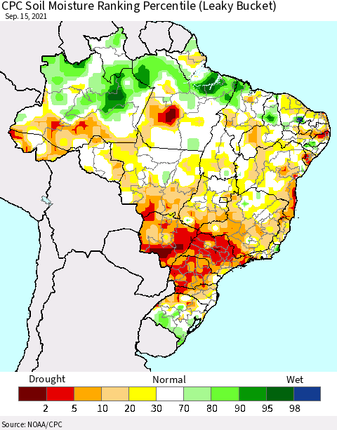 Brazil CPC Soil Moisture Ranking Percentile (Leaky Bucket) Thematic Map For 9/11/2021 - 9/15/2021