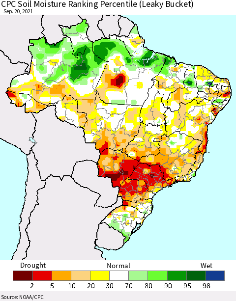 Brazil CPC Soil Moisture Ranking Percentile (Leaky Bucket) Thematic Map For 9/16/2021 - 9/20/2021