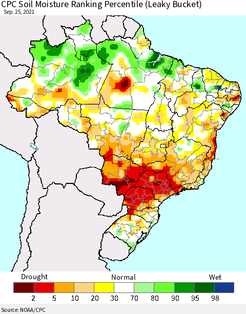 Brazil CPC Soil Moisture Ranking Percentile (Leaky Bucket) Thematic Map For 9/21/2021 - 9/25/2021