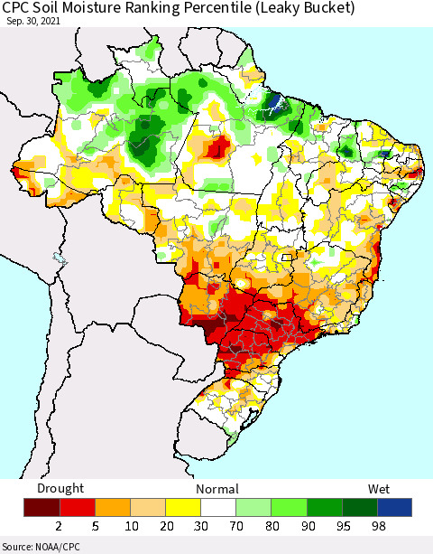 Brazil CPC Soil Moisture Ranking Percentile (Leaky Bucket) Thematic Map For 9/26/2021 - 9/30/2021