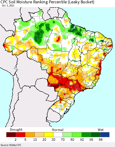 Brazil CPC Soil Moisture Ranking Percentile (Leaky Bucket) Thematic Map For 10/1/2021 - 10/5/2021