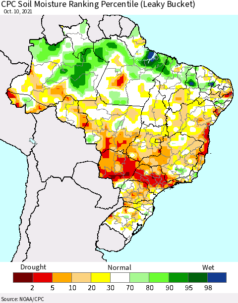 Brazil CPC Soil Moisture Ranking Percentile (Leaky Bucket) Thematic Map For 10/6/2021 - 10/10/2021