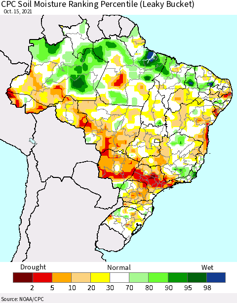 Brazil CPC Soil Moisture Ranking Percentile (Leaky Bucket) Thematic Map For 10/11/2021 - 10/15/2021