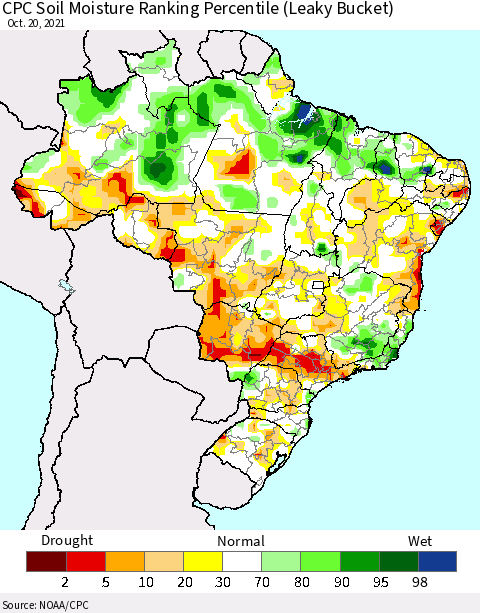 Brazil CPC Soil Moisture Ranking Percentile (Leaky Bucket) Thematic Map For 10/16/2021 - 10/20/2021