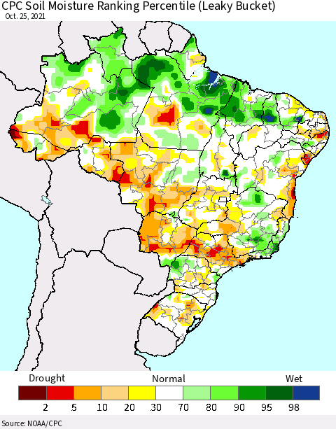 Brazil CPC Soil Moisture Ranking Percentile (Leaky Bucket) Thematic Map For 10/21/2021 - 10/25/2021