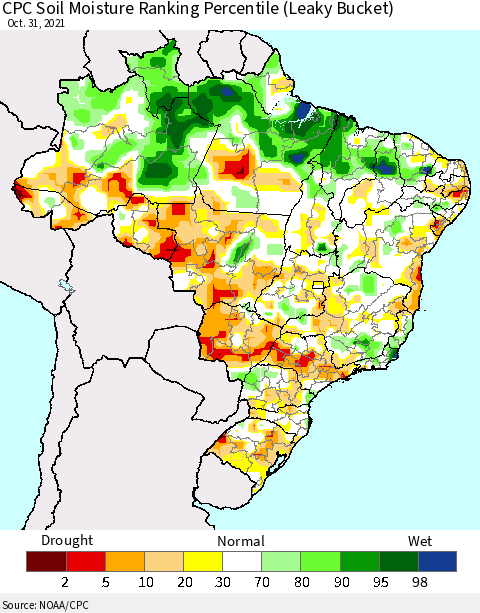 Brazil CPC Soil Moisture Ranking Percentile (Leaky Bucket) Thematic Map For 10/26/2021 - 10/31/2021