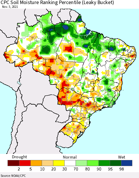 Brazil CPC Soil Moisture Ranking Percentile (Leaky Bucket) Thematic Map For 11/1/2021 - 11/5/2021