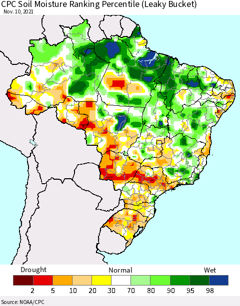 Brazil CPC Soil Moisture Ranking Percentile (Leaky Bucket) Thematic Map For 11/6/2021 - 11/10/2021