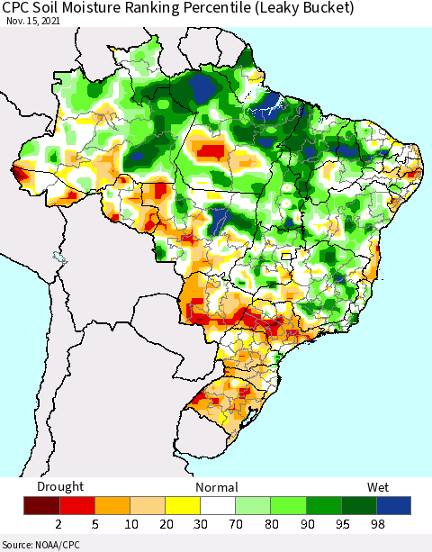 Brazil CPC Soil Moisture Ranking Percentile (Leaky Bucket) Thematic Map For 11/11/2021 - 11/15/2021