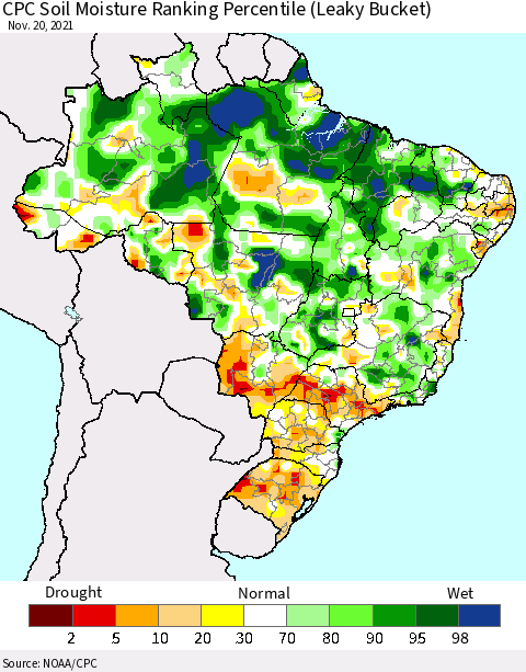 Brazil CPC Soil Moisture Ranking Percentile (Leaky Bucket) Thematic Map For 11/16/2021 - 11/20/2021