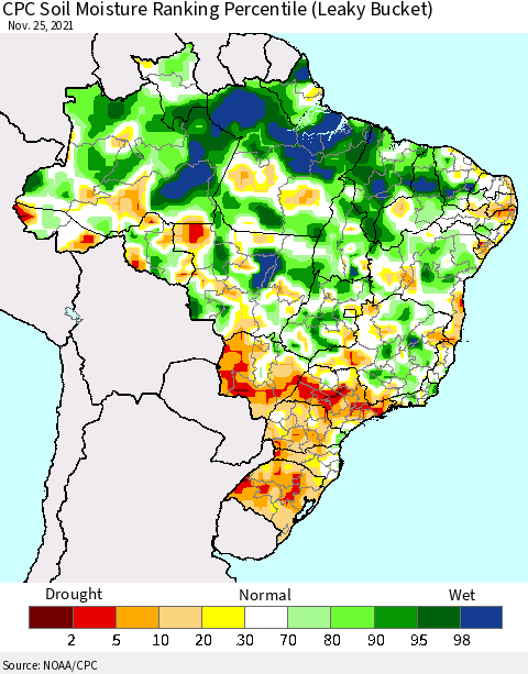 Brazil CPC Soil Moisture Ranking Percentile (Leaky Bucket) Thematic Map For 11/21/2021 - 11/25/2021