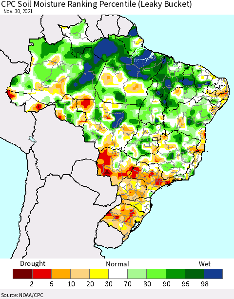Brazil CPC Soil Moisture Ranking Percentile (Leaky Bucket) Thematic Map For 11/26/2021 - 11/30/2021