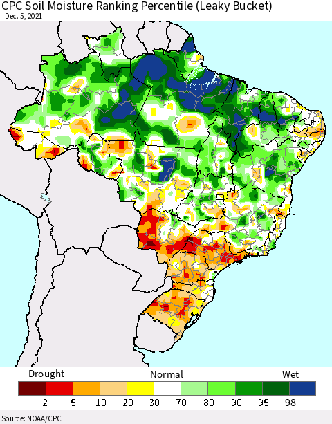 Brazil CPC Soil Moisture Ranking Percentile (Leaky Bucket) Thematic Map For 12/1/2021 - 12/5/2021